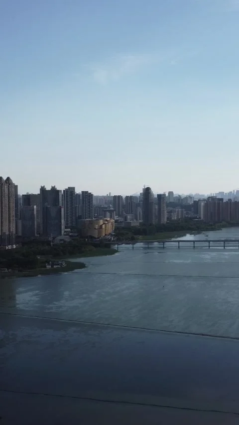 Vertical Wuhan Skyscraper Aerial View Drone Cityscape Motion Stock Footage 327680045