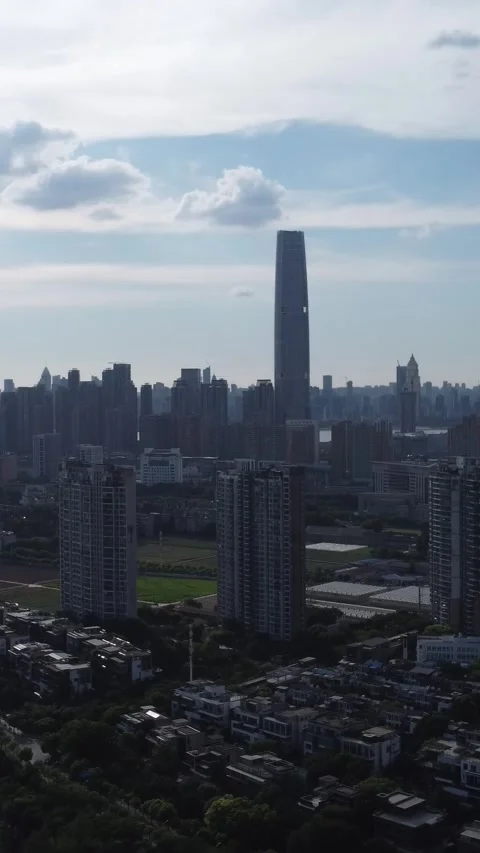 Vertical Wuhan Skyscraper Aerial View Drone Cityscape Motion Stock Footage 327680072