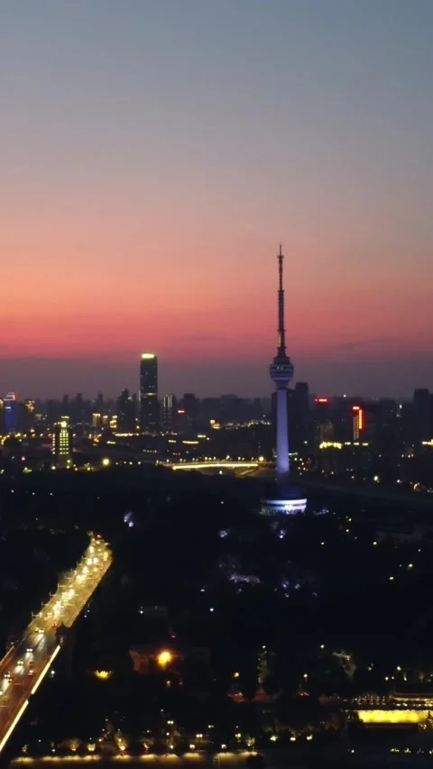 Vertical Wuhan TV Tower Landmark Cityscape Aerial Drone Motion Stock Footage 327677899