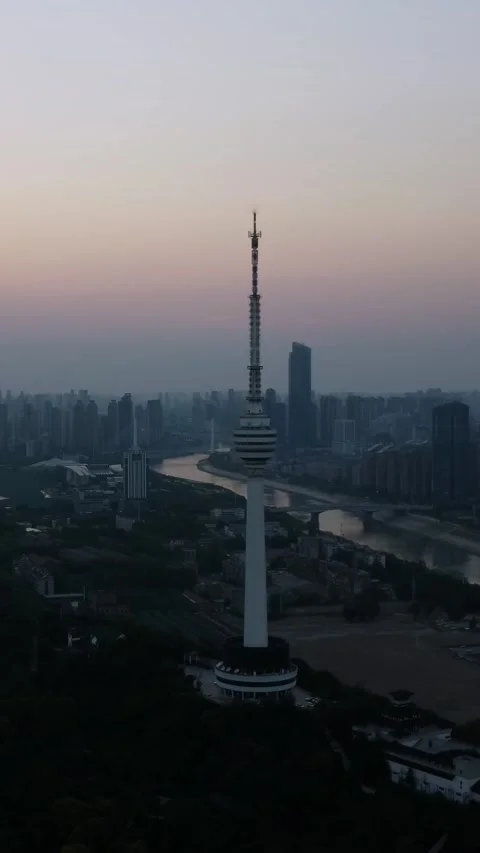 Vertical Wuhan TV Tower Landmark Cityscape Aerial Drone Motion Stock Footage 327677939