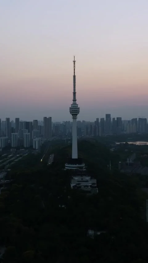 Vertical Wuhan TV Tower Landmark Cityscape Aerial Drone Motion Stock Footage 327677941