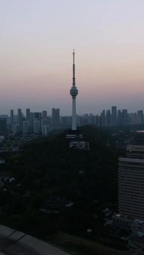 Vertical Wuhan TV Tower Landmark Cityscape Aerial Drone Motion Stock Footage 327677945