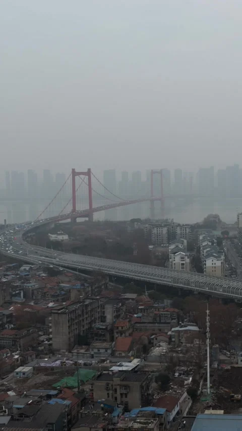 Vertical Wuhan Yangtze River Bridge Sunset Glow Motion Timelapse Stock Footage 327675927