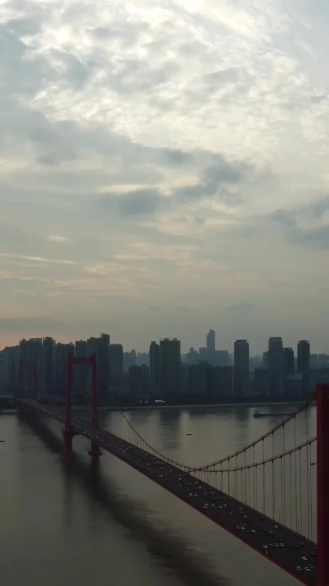 Vertical Wuhan Yangtze River Bridge Aerial Drone City Scenery Stock Footage 327680882