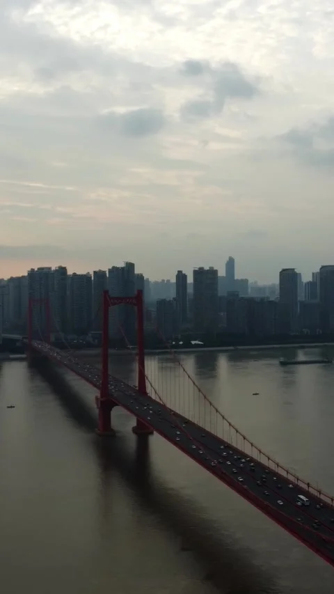 Vertical Wuhan Yangtze River Bridge Aerial Drone City Scenery Stock Footage 327680901