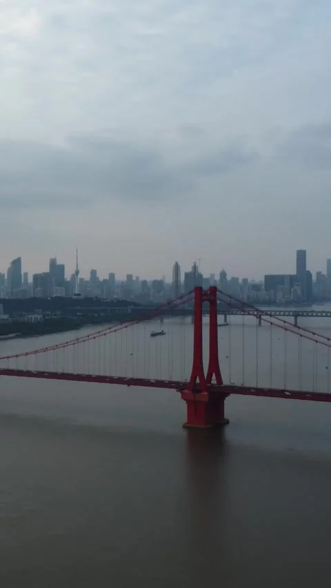 Vertical Wuhan Yangtze River Bridge Aerial Drone City Scenery Stock Footage 327680904
