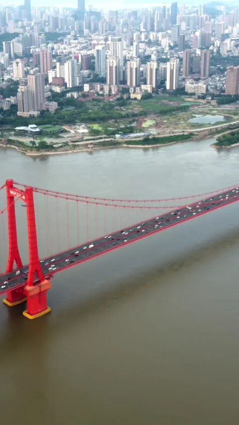 Vertical Wuhan Yangtze River Bridge Aerial Drone City Scenery Stock Footage 327680971