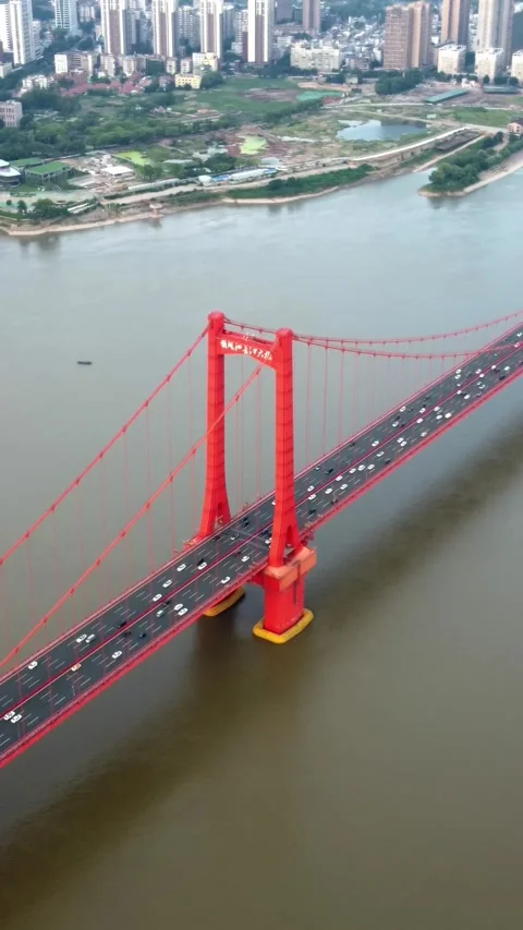 Vertical Wuhan Yangtze River Bridge Aerial Drone City Scenery Stock Footage 327680988