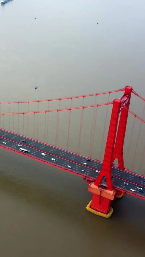 Vertical Wuhan Yangtze River Bridge Aerial Drone City Scenery Stock Footage 327681055