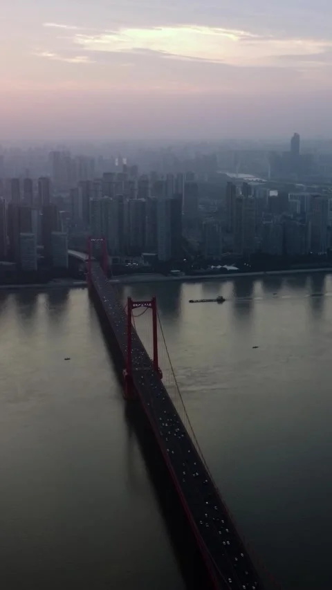 Vertical Wuhan Yangtze River Bridge Aerial Drone City Scenery Stock Footage 327681129