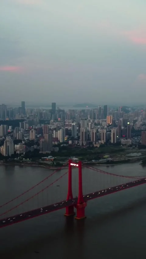Vertical Wuhan Yangtze River Bridge Aerial Drone City Scenery Stock Footage 327681304