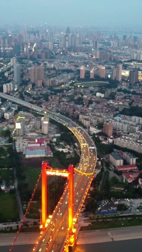 Vertical Wuhan Yangtze River Bridge Aerial Drone City Scenery Stock Footage 327681585
