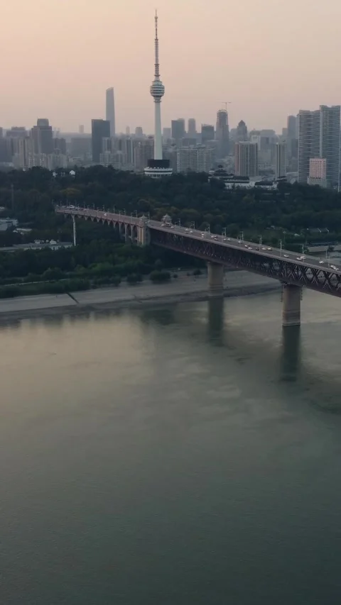 Vertical Wuhan Yangtze River Bridge Aerial Drone City Scenery Stock Footage 327683294