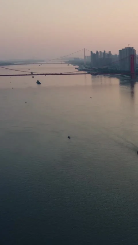 Vertical Wuhan Yangtze River Bridge Aerial Drone City Scenery Stock Footage 327683296