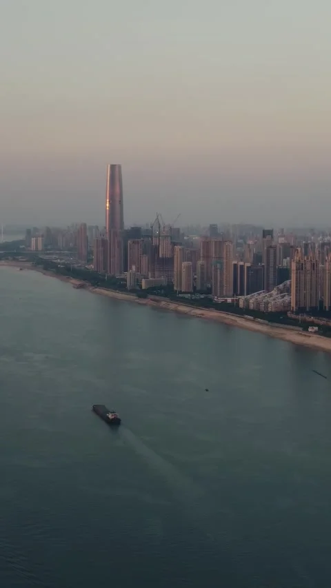 Vertical Wuhan Yangtze River Bridge Aerial Drone City Scenery Stock Footage 327683301