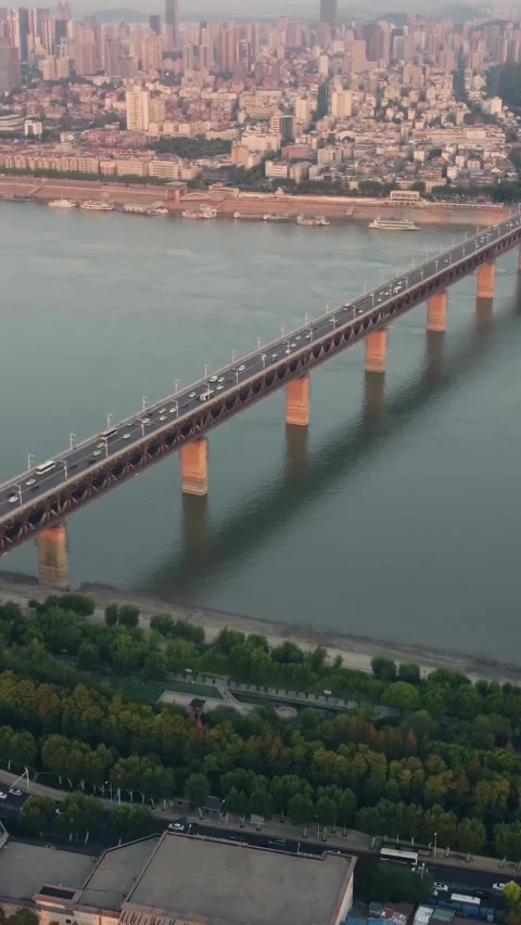 Vertical Wuhan Yangtze River Bridge Aerial Drone City Scenery Stock Footage 327683309