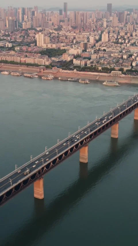 Vertical Wuhan Yangtze River Bridge Aerial Drone City Scenery Stock Footage 327683312