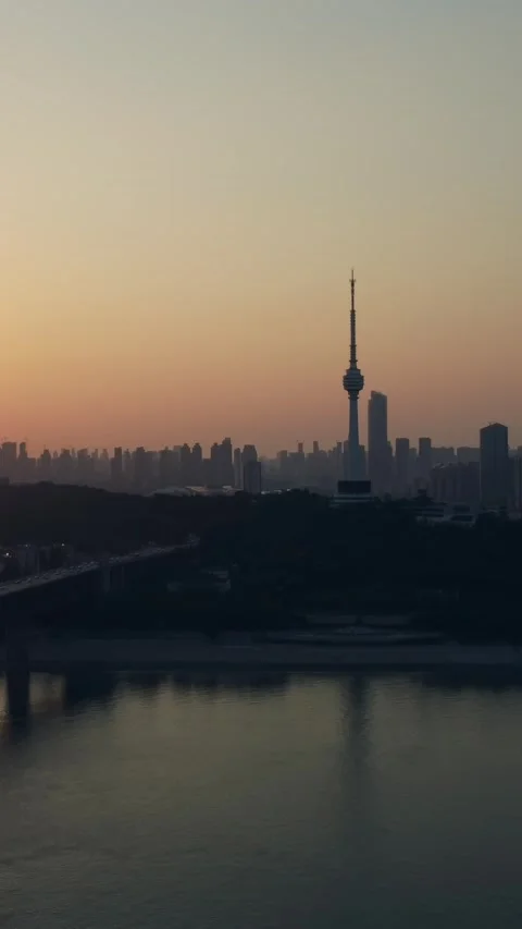 Vertical Wuhan Yangtze River Bridge Aerial Drone City Scenery Stock Footage 327683340