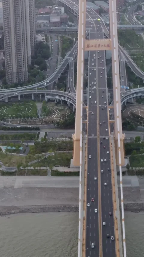 Vertical Wuhan Yangtze River Bridge Aerial Drone City Scenery Stock Footage 327683622