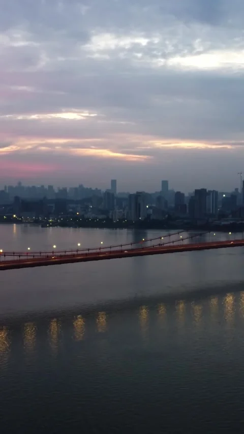 Vertical Wuhan Yangtze River Bridge Aerial Drone City Scenery Stock Footage 327683713