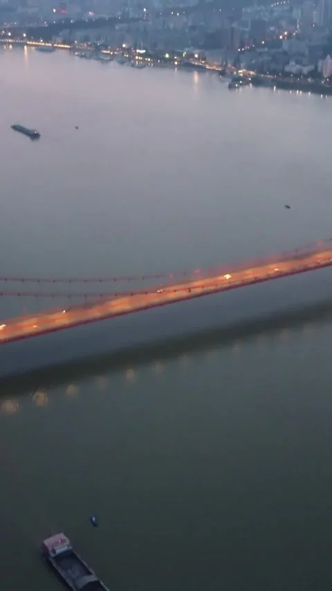 Vertical Wuhan Yangtze River Bridge Aerial Drone City Scenery Stock Footage 327683721