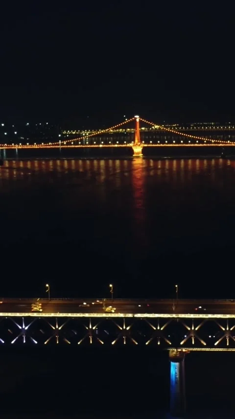 Vertical Wuhan Yangtze River Bridge Aerial Drone City Scenery Stock Footage 327684354