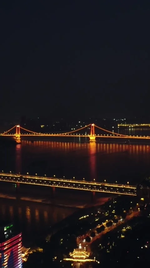 Vertical Wuhan Yangtze River Bridge Aerial Drone City Scenery Stock Footage 327684486