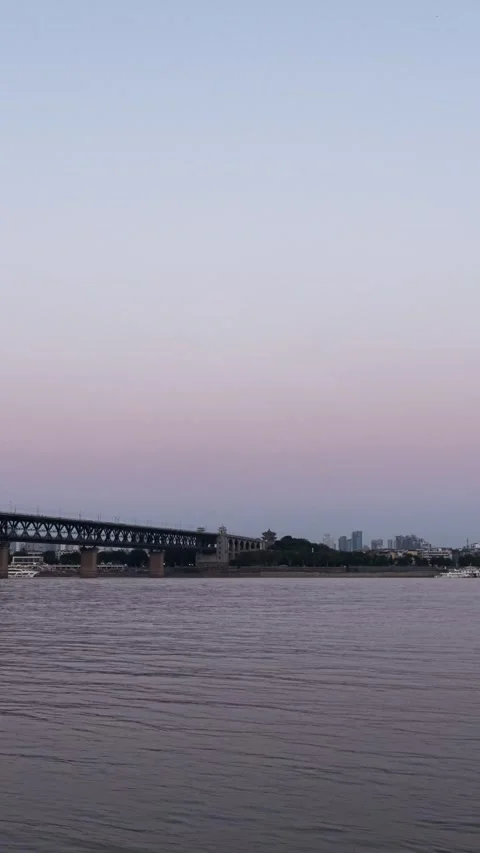 Vertical Wuhan Yangtze River Sunset Glow Bridge Motion Timelapse Stock Footage 327674702