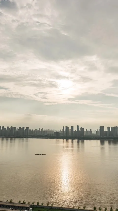 Vertical Wuhan Yangtze River Sunset Glow Water Motion Timelapse Stock Footage 327676128