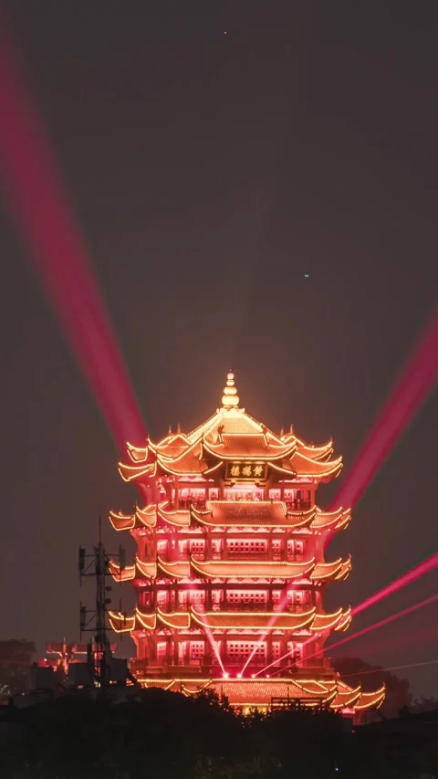 Vertical Wuhan Yellow Crane Tower Night View Timelapse with City Lights Vista Stock Footage 327600652