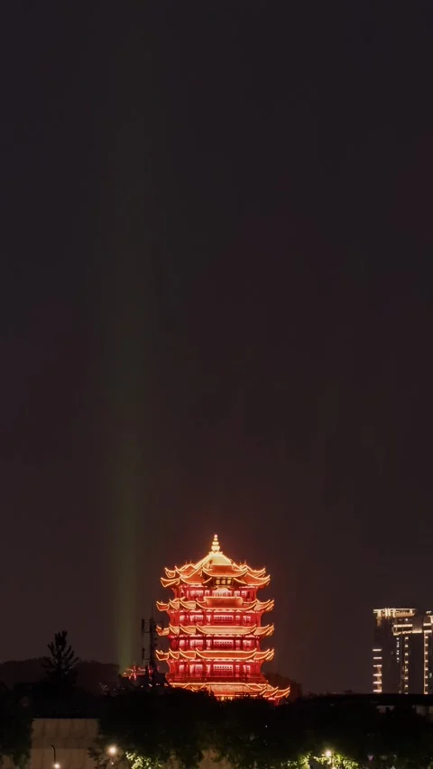 Vertical Wuhan Yellow Crane Tower Night View Timelapse with City Lights Vista Stock Footage 327600811