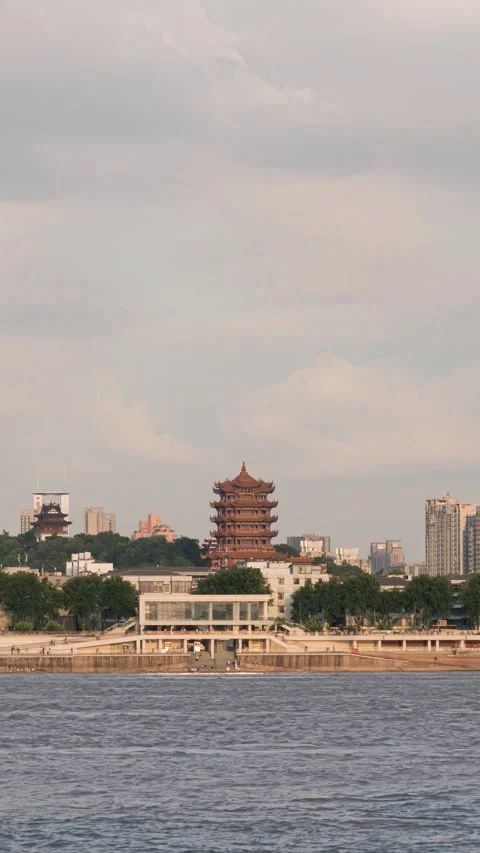 Vertical Wuhan Yellow Crane Tower Day to Night Timelapse with City Lights Stock Footage 327601027