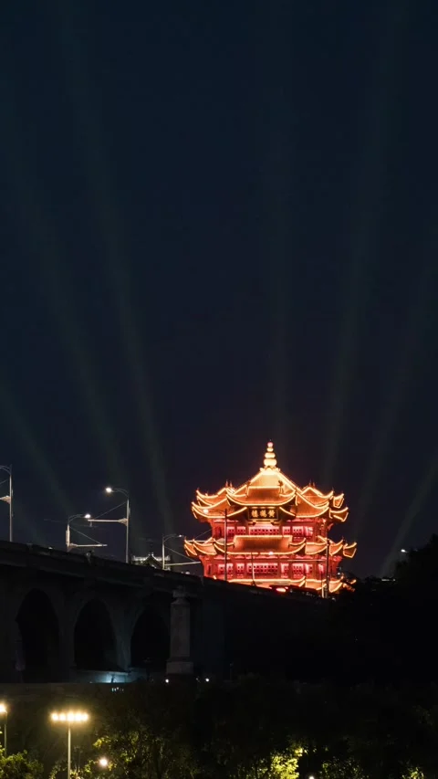 Vertical Yellow Crane Tower Moon Rise Night Ancient Motion Timelapse Stock Footage 327674484