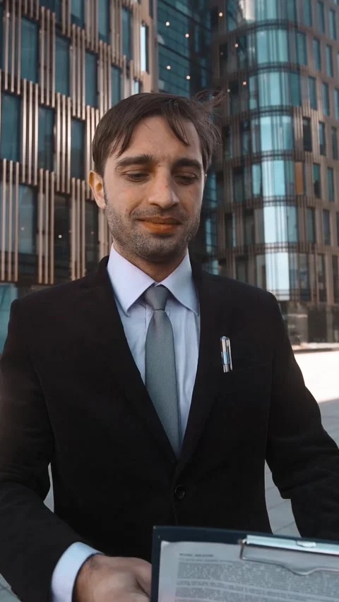 Vertical of Young business man with documents ask You for signature Stock Footage 305480974