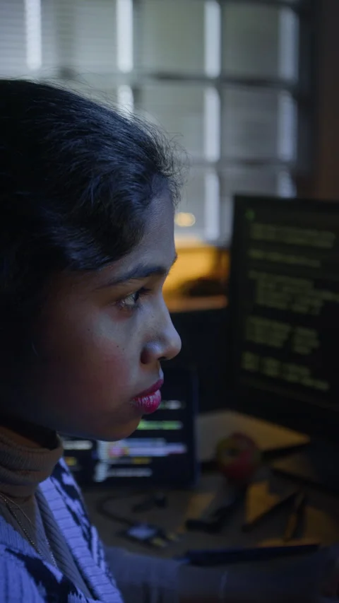 Vertical of Young Female Hacker Reading Code on Computer in Night Office 库存影片 328249783