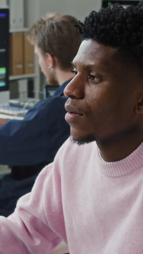 Vertical of Young Male Developer Typing on Computer Keyboard at Office Desk 스톡 동영상 330156990