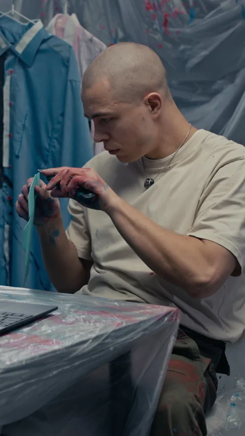 Vertical of Young Man Preparing Stencil for Redesign of Clothes in Workshop Stock Footage 301681254