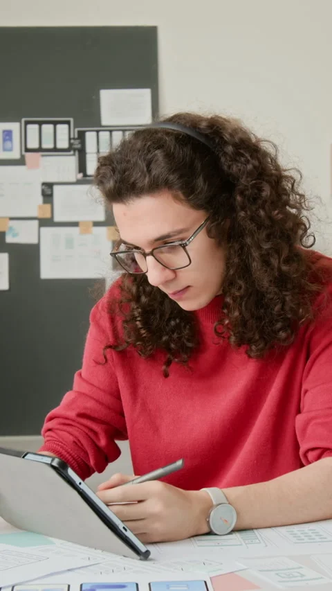 Vertical of Young User Interface Designer Drawing Layouts on Graphic Tablet Stock Footage 327898417