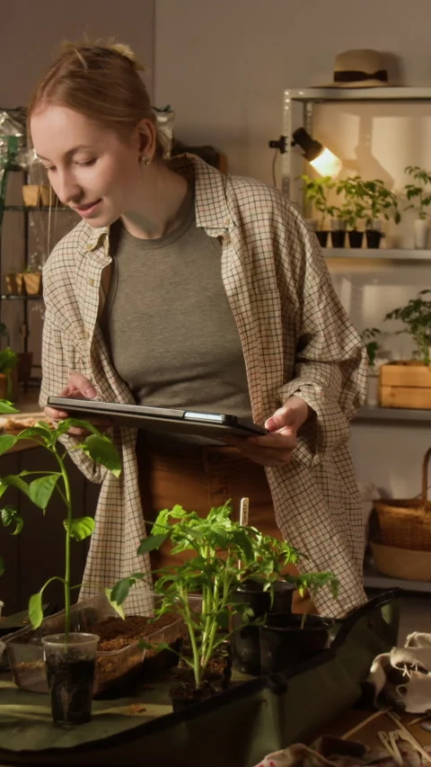 Vertical of Young Woman Using Digital Tablet for Smart Gardening at Home Stock Footage 340626112