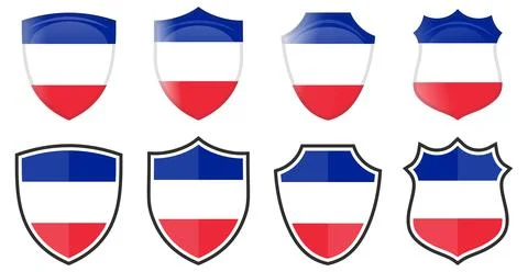 Vertical YYY flag in shield shape, four 3d and simple versions. ZZZ icon / si Ilustración de archivo