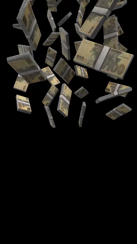 Vertical Zimbabwe 100 Dollars Banknotes Falling Animation on Black Screen Video stock 298099877