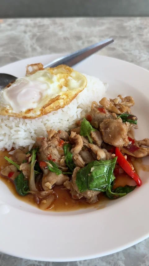 Vertical Zoom In Shot Of Stir Fried Chicken Basil Rice With Fried Egg Stock Footage 343725801