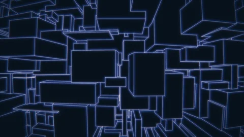 Vertically moving camera on a vintage 3d blue vector background city loop Video stock 94691284