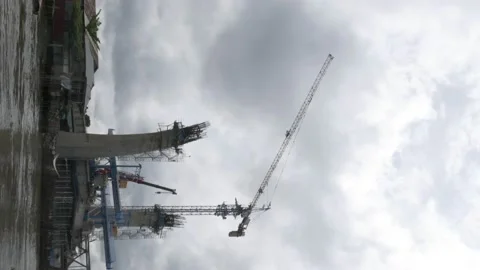 Vertically shoot, bridge construction site on Alalak river Stock Footage 142121084