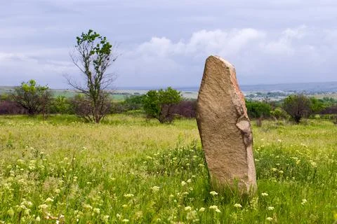 A vertically standing stone in the green steppe Stock Photos