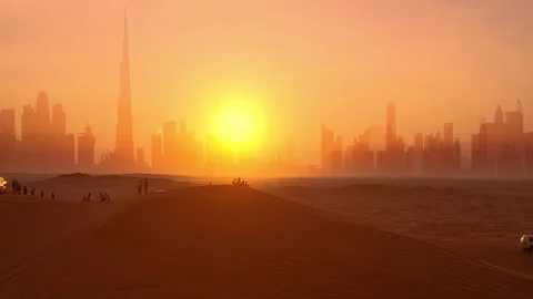 Vertigo background effect. Dubai city view from desert. Tourists looks on sunset Stock Footage 249499820