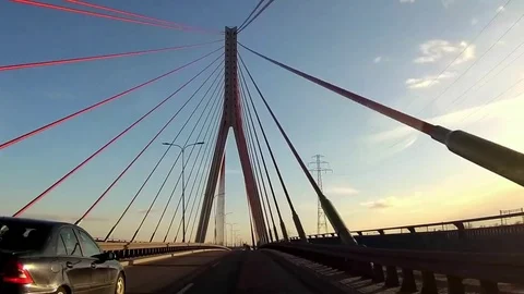 Vertigo Driving Through Modern Cable-Stayed Bridge Dash Cam POV Stock Footage 83505599