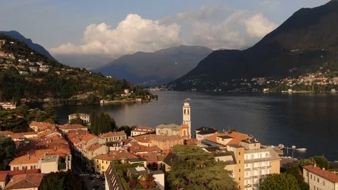 VERTIGO EFFECT. Aerial view of the town of Cernobbio on Lake Como in Italy Stock Footage 129633375
