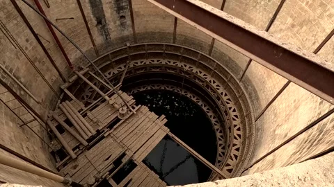 Vertigo-Inducing Top-Down View into Deep Circular Brick Well Stock Footage 341033816