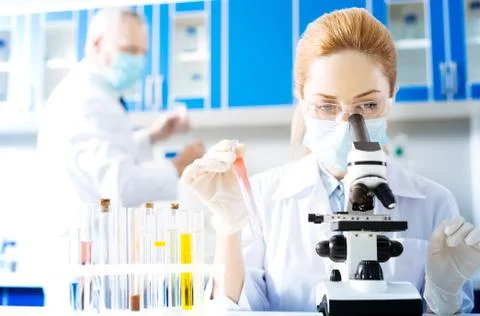 Very attentive lab assistant looking into microscope Stock Photos